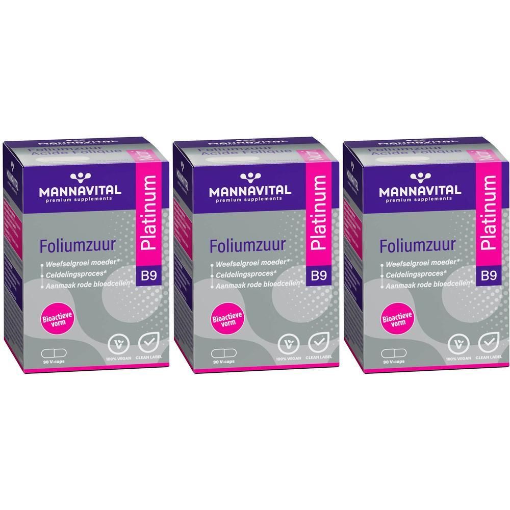 Drie dozen Mannavital Foliumzuur Platinum B9. Roze accent, tekst: Weefselgroei moeder, Celdelingsproces, Aanmaak rode bloedcellen.