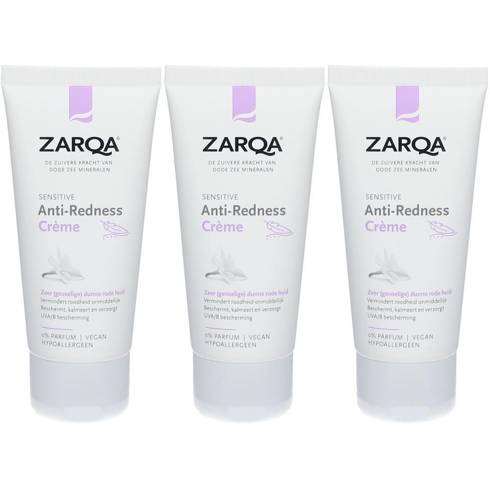 Trois tubes de crème. Chaque tube porte l'inscription "ZARQA Sensitive Anti-Redness Crème". L'emballage est blanc avec des accents violets.
