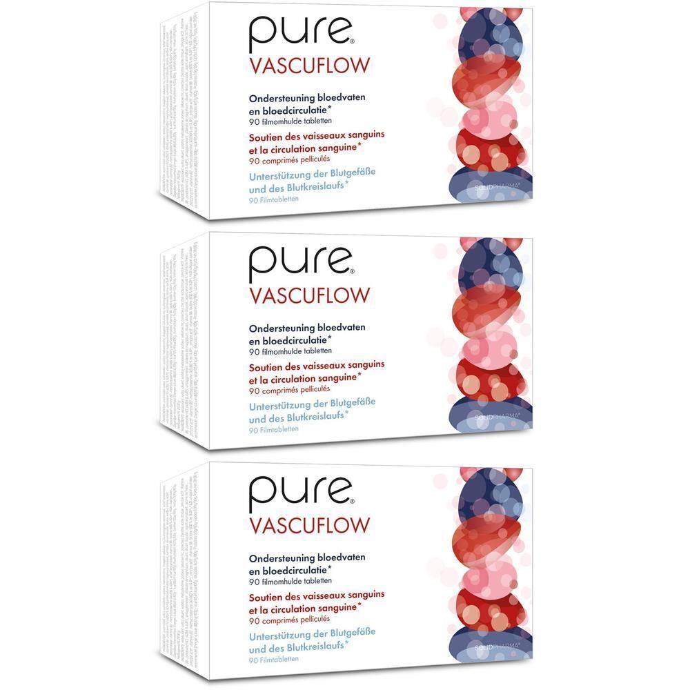 Trois boîtes Pure® Vascuflow blanches avec cercles colorés. Texte: Soutien des vaisseaux sanguins et la circulation sanguine.