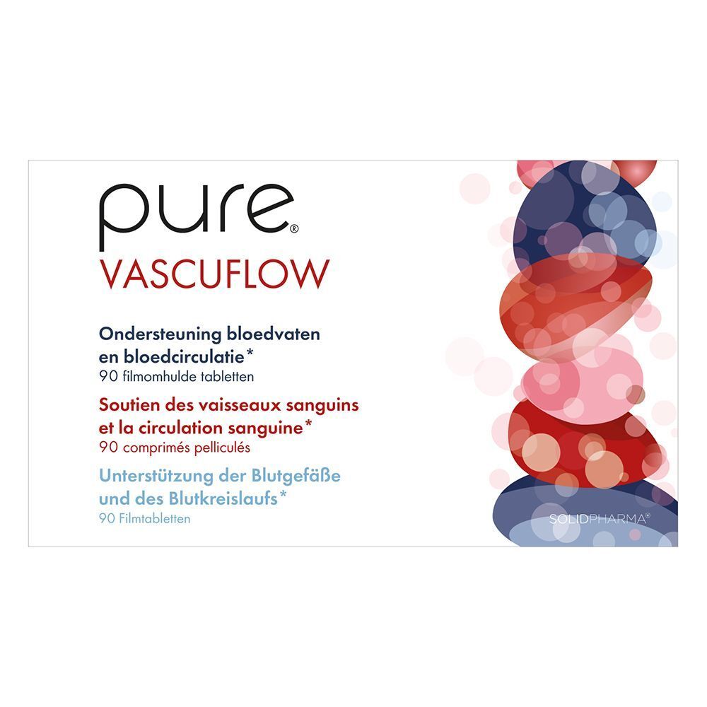 Een Pure® Vascuflow doos. Tekst: Ondersteuning bloedvaten en bloedcirculatie. 90 filmomhulde tabletten.