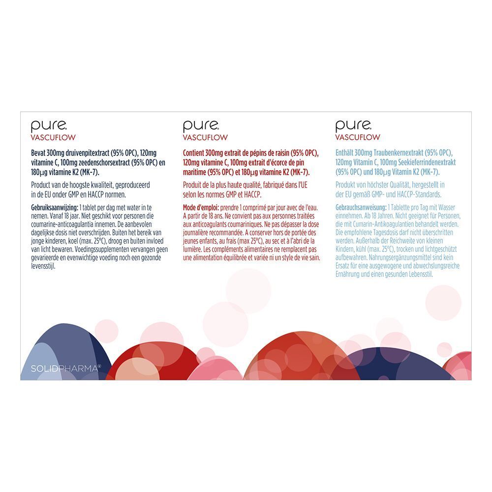 Dos d'une boîte Pure® Vascuflow. Texte: Ingrédients, mode d'emploi, fabriqué dans l'UE.