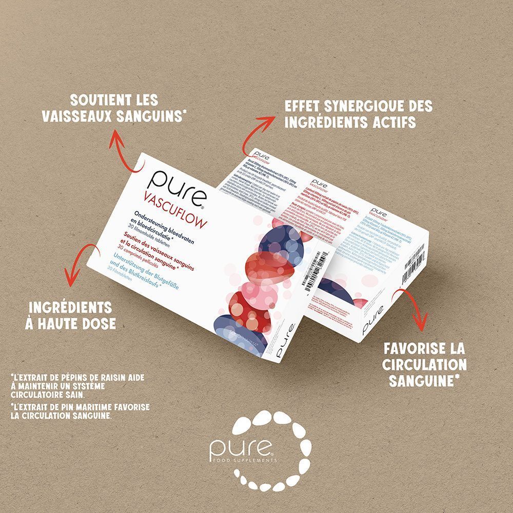 Deux boîtes Pure® Vascuflow. Flèches pointant vers le texte: ingrédients, favorise la circulation sanguine.