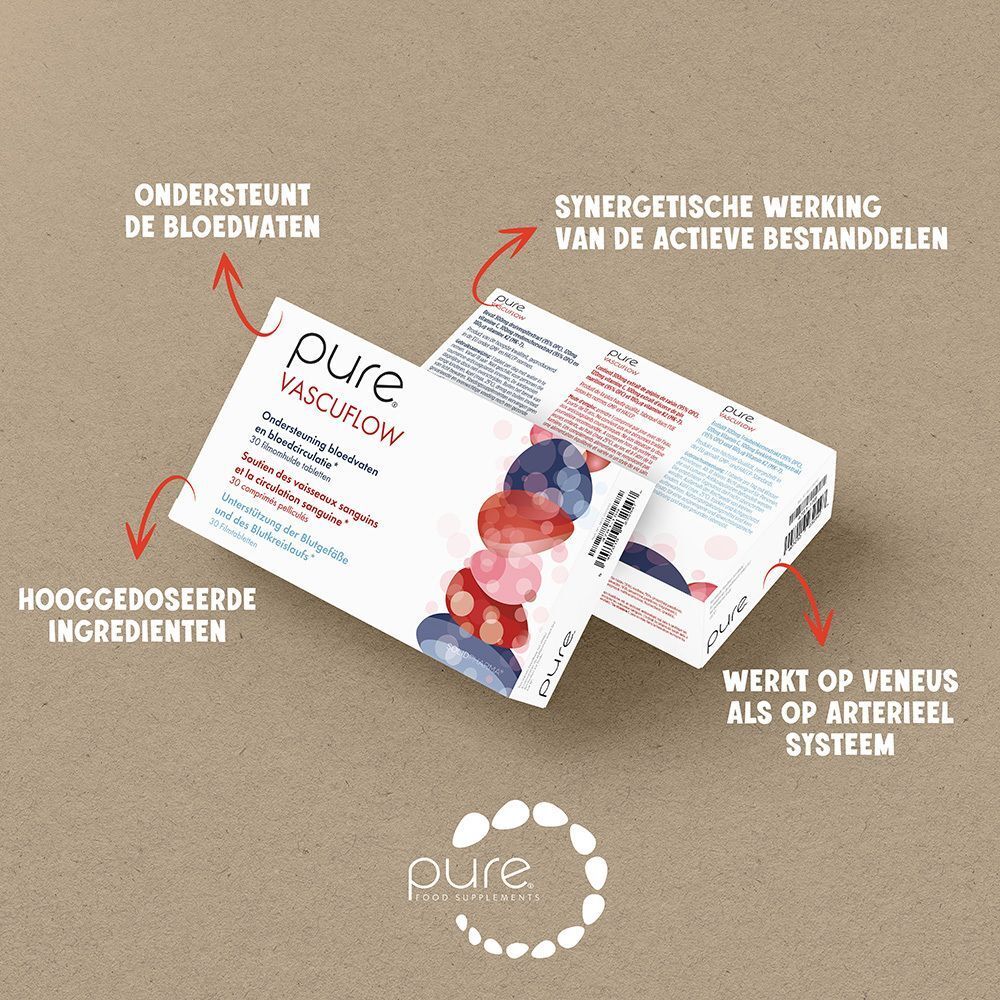 Twee Pure® Vascuflow dozen. Pijlen wijzen naar tekst: ingrediënten, bevordert de bloedsomloop.