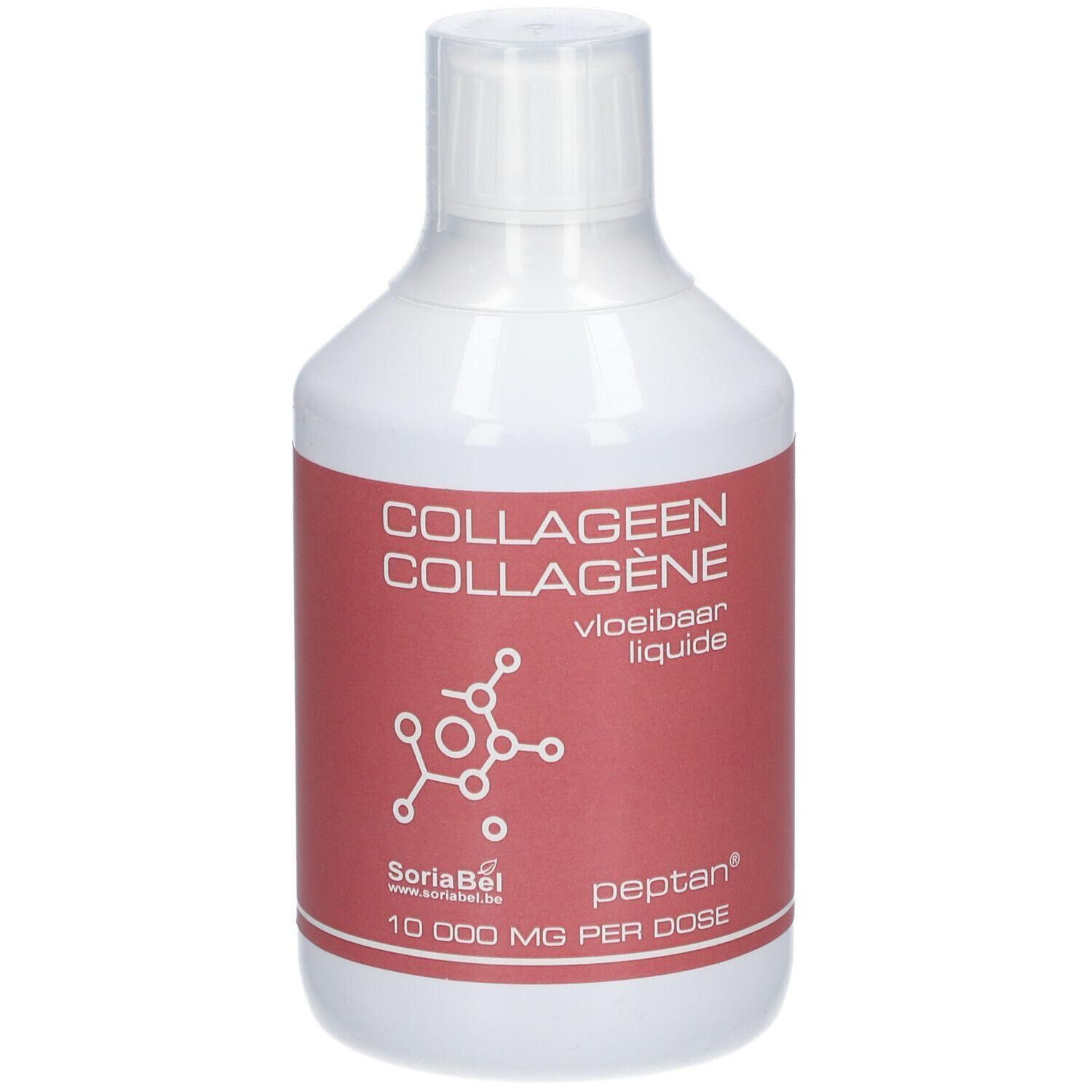 Flacon blanc avec étiquette rouge. Inscription : Collagène, vloeibaar liquide, SoriaBel, peptan, 10 000 mg per dose.