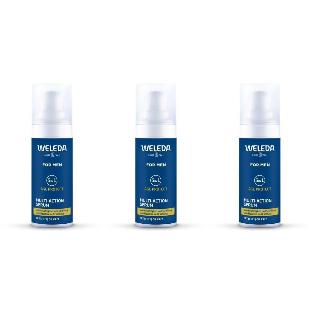 Drie flacons met witte pomp en blauw etiket. Opschrift: WELEDA FOR MEN, 5in1 Age Protect Multi-Action Serum.