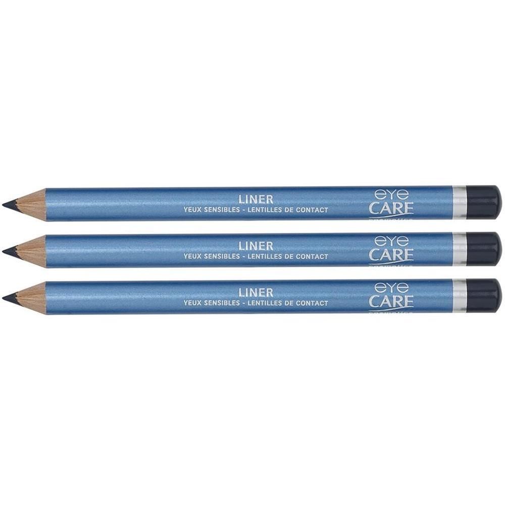Trois crayons eye-liner bleus. Chaque crayon porte l'inscription "LINER" et "EYE CARE".