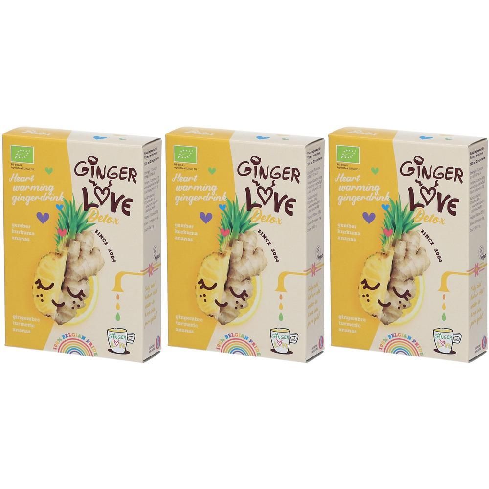 Drie dozen met Ginger Love Detox logo. Illustraties: ananas, gember, citroen, hart, kopje, regenboog, bio-label.