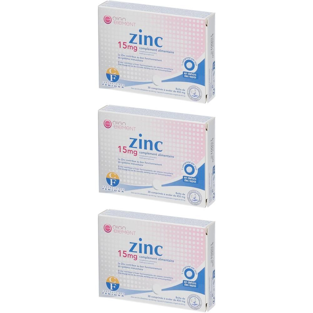 Trois boîtes de compléments alimentaires au zinc. Chaque boîte porte la mention "zinc 15mg".