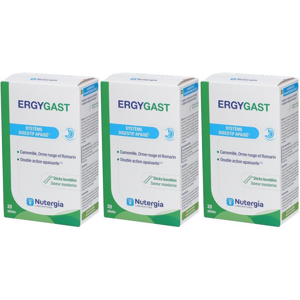 Drie dozen Ergygast. Opschrift: Système digestif apaisé. Merk Nutergia. 20 sticks. Groen-witte verpakking.