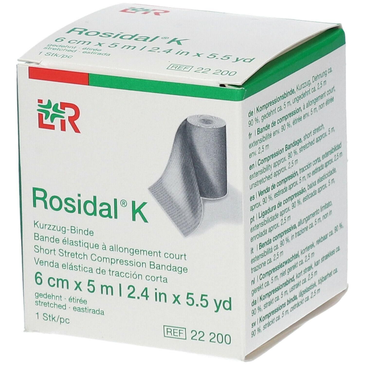Verpakking Rosidal K, 6 cm x 5 m. Kort-rekverband. Witte doos met groene en rode accenten. Rol verband zichtbaar.