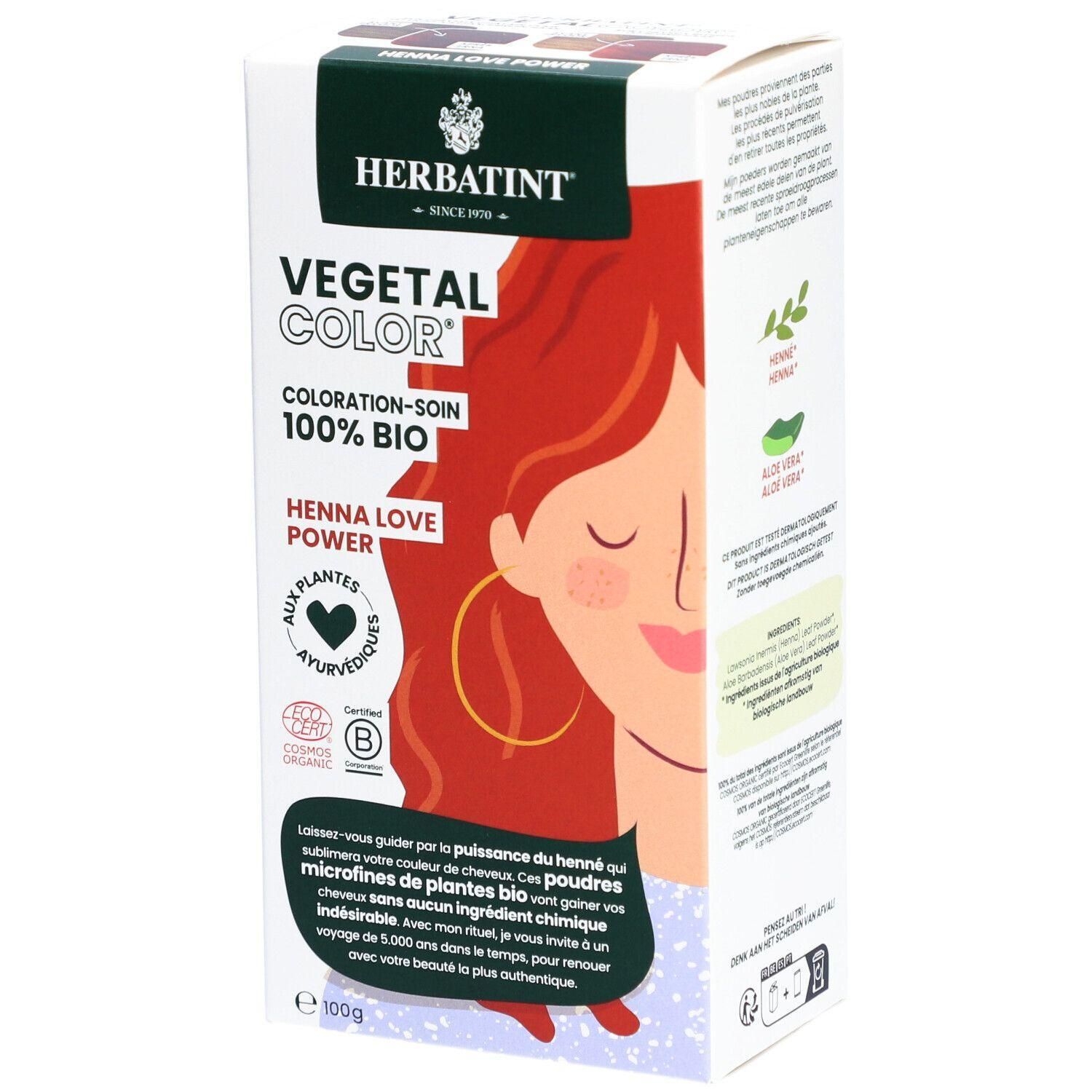 Boîte de produit avec illustration. Inscriptions: HERBATINT VEGETAL COLOR, COLORATION-SOIN 100% BIO, HENNA LOVE POWER. Certification bio.