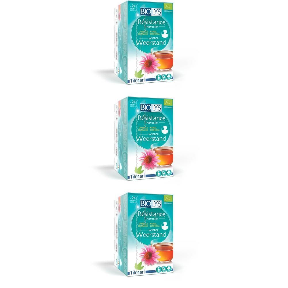Trois boîtes Biolys Resistance, texte et image d'une fleur et d'une tasse de thé. Certification biologique.
