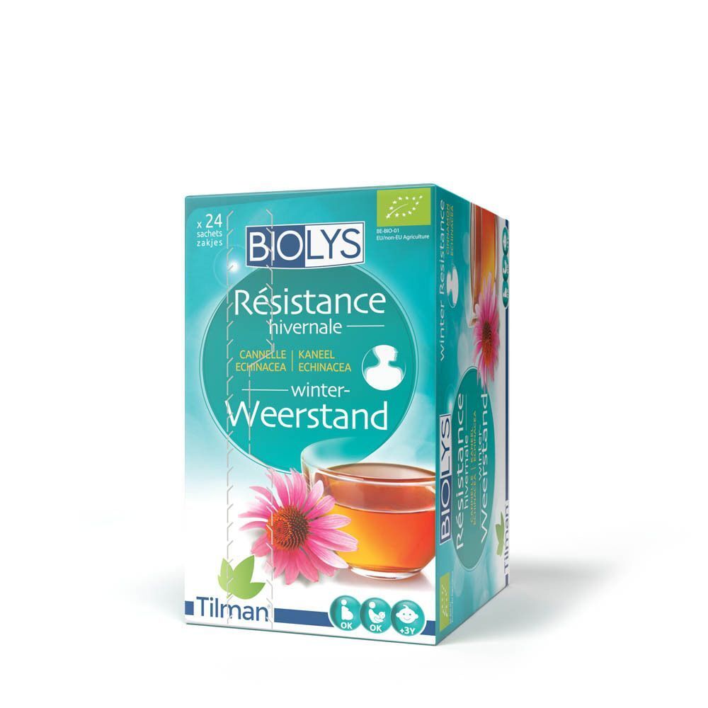 Boîte Biolys Resistance, texte et image d'une fleur et d'une tasse de thé. Certification biologique.