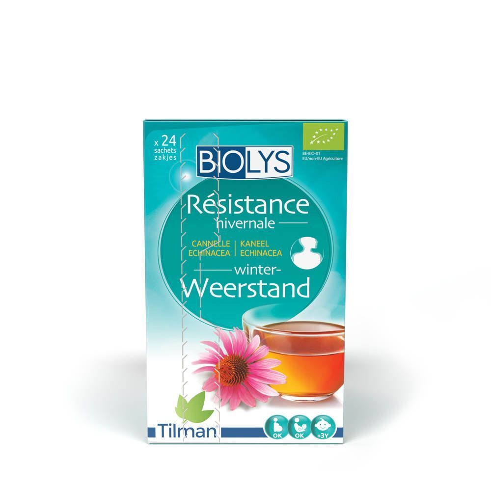 Biolys Resistance verpakking, met tekst en afbeelding van een bloem en een kopje thee. Biologische certificering.