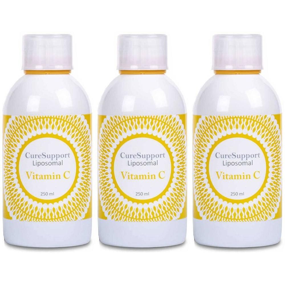 Trois flacons blancs avec des étiquettes jaunes. Les étiquettes indiquent "CureSupport Liposomal Vitamin C" et "250 ml".