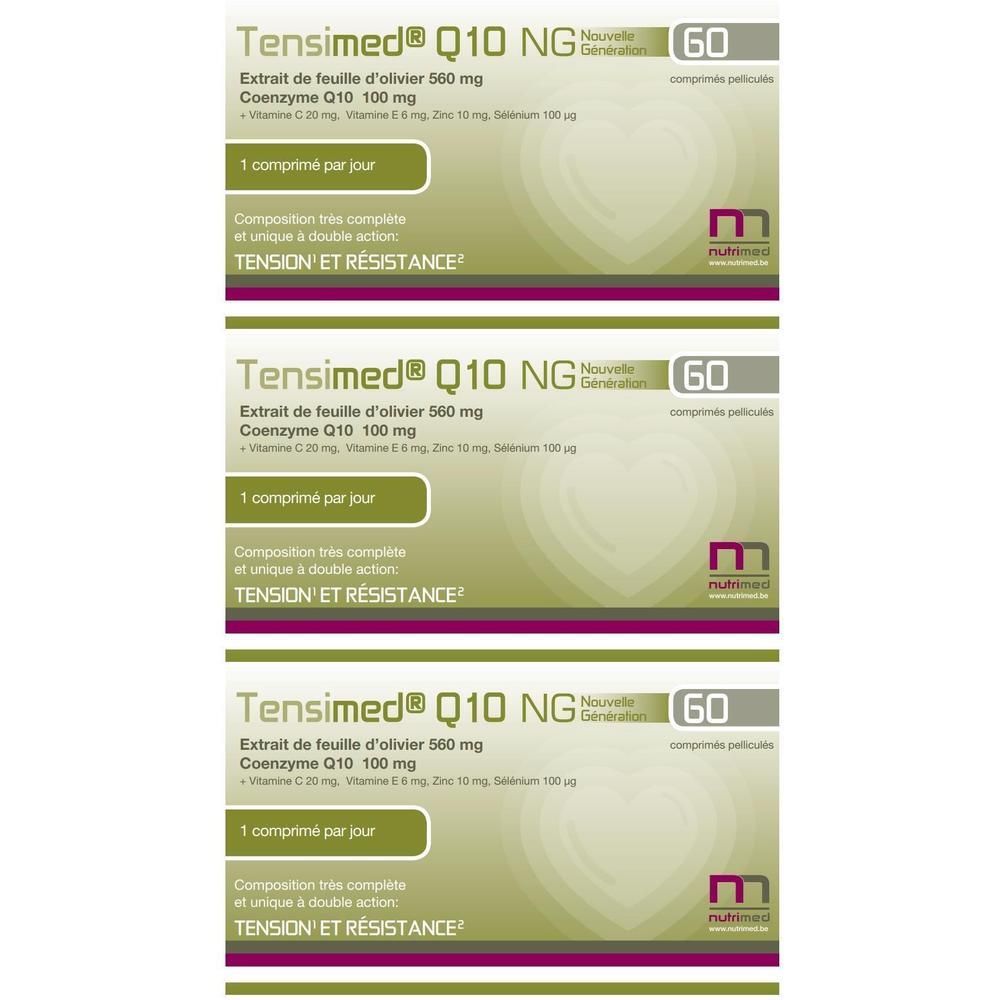 Trois boîtes de Tensimed Q10+ NG. Inscription : 60 comprimés, ingrédients, 1 comprimé par jour. Logo.