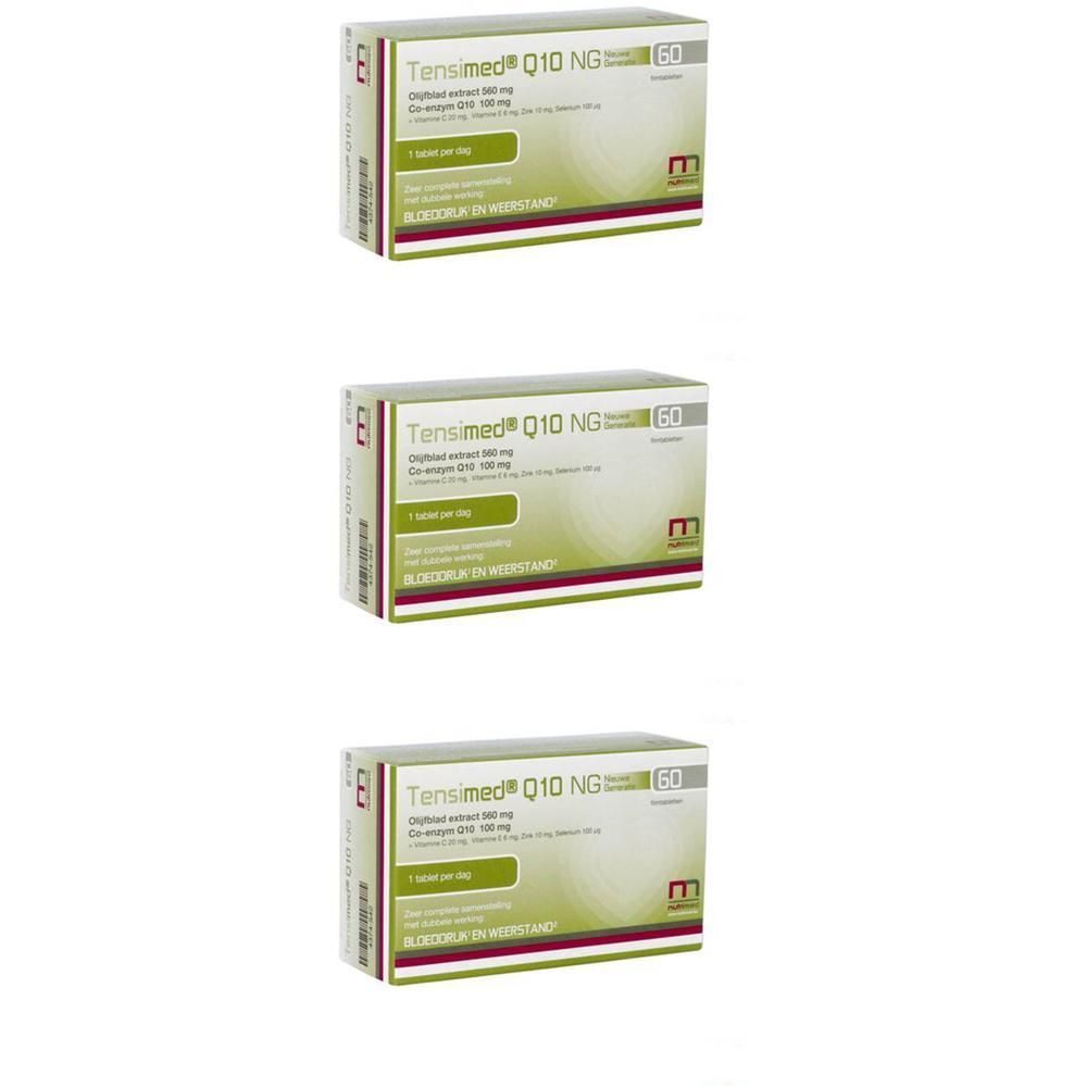 Drie dozen Tensimed Q10+ NG. Opschrift: 60 tabletten, ingrediënten, 1 tablet per dag. Logo.