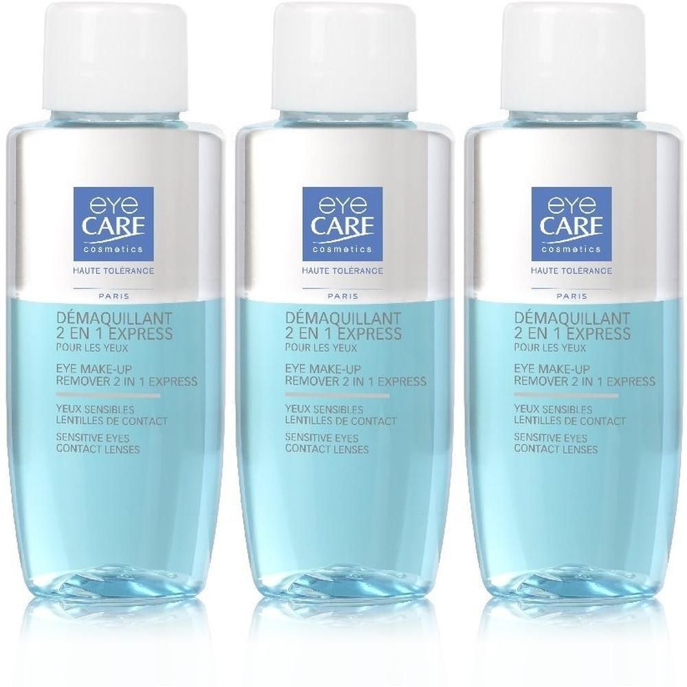 Trois flacons de Eye Care Démaquillant 2-en-1 Express. Bouchons blancs, liquide bleu. Inscription: Eye Care, Démaquillant 2 en 1 Express.