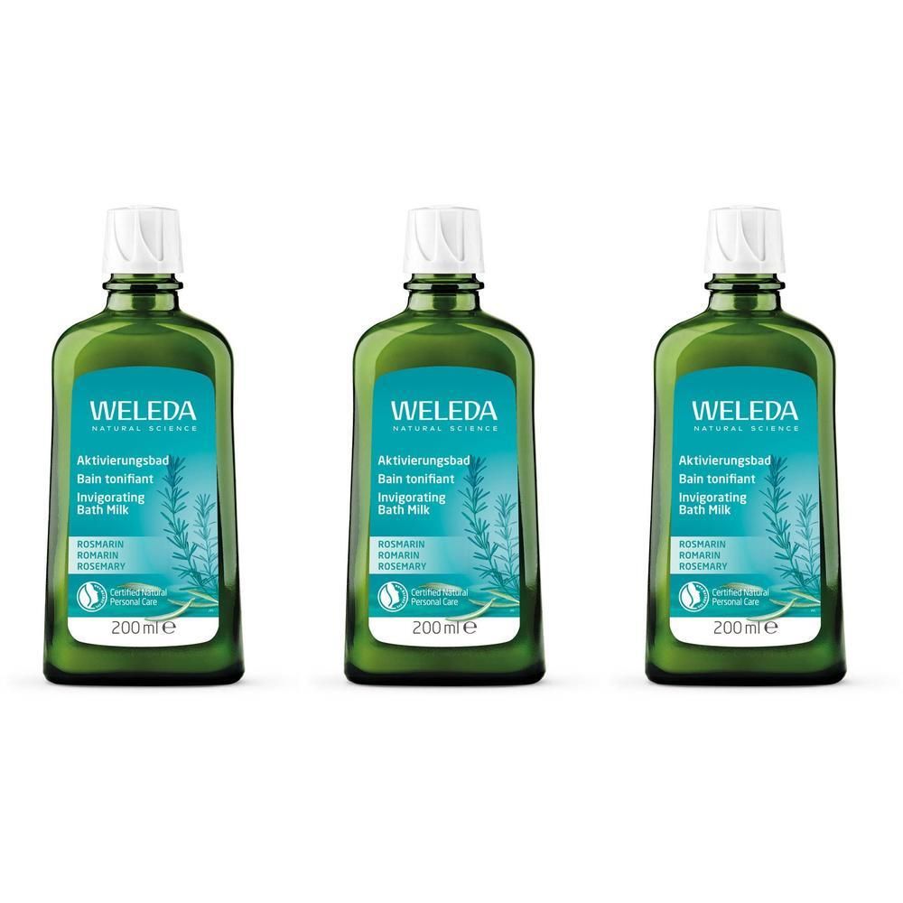 Trois flacons verts Weleda Bain tonifiant. Étiquette avec texte et décor romarin. 200ml.