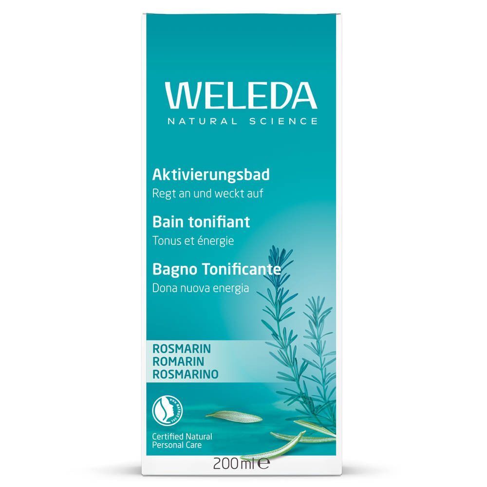 Flacon Weleda Bain tonifiant. Étiquette avec texte, illustration de romarin et 200ml.