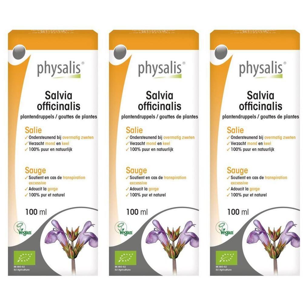 Trois flacons Physalis Salvia officinalis. Inscription: Salie, Sauge, 100 ml, label Vegan. Illustration de fleurs violettes.