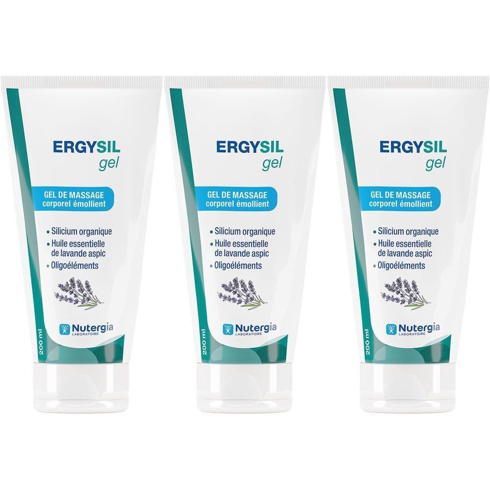 Trois tubes de gel Ergysil. Tubes blancs avec accents verts. Inscription : Ergysil gel, Gel de massage corporel émollient. Marque : Nutergia.