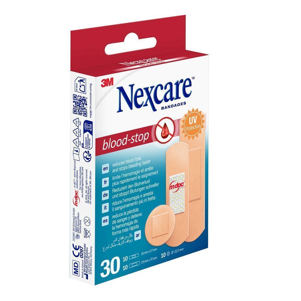 Boîte de Nexcare Bandages Blood Stop Strips. Emballage rouge et blanc avec informations.