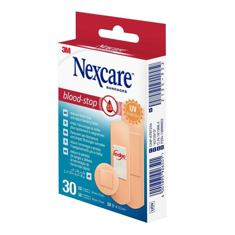 Boîte de Nexcare Bandages Blood Stop Strips. Emballage rouge et blanc avec informations.