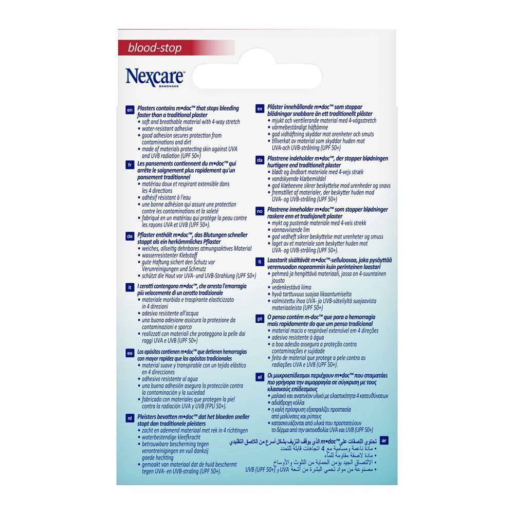 Dos de la boîte Nexcare Bandages Blood Stop Strips. Texte multilingue.