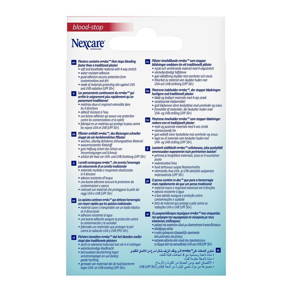 Achterkant verpakking Nexcare Bandages Blood Stop Strips. Tekst in meerdere talen.