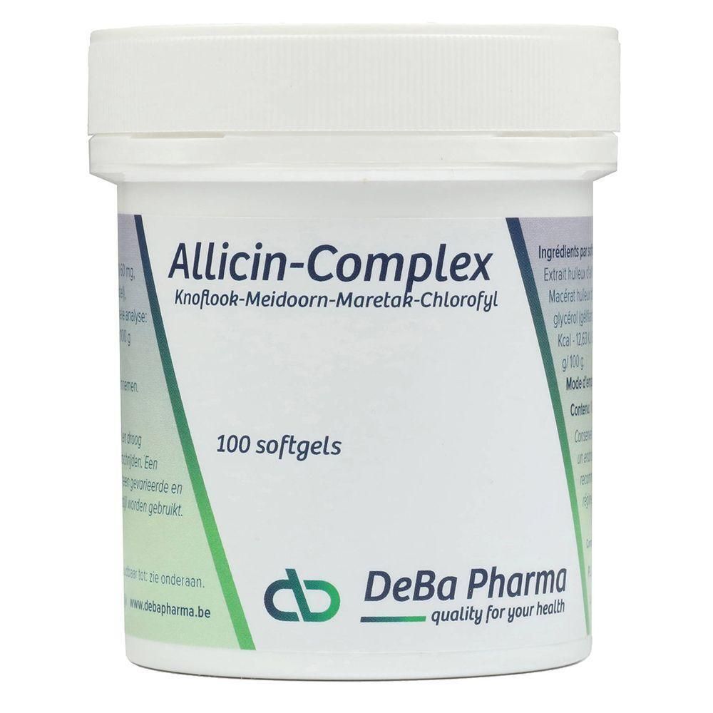 Récipient cylindrique blanc avec couvercle. Inscription: Allicin-Complex, 100 gélules. Logo et nom: DeBa Pharma.