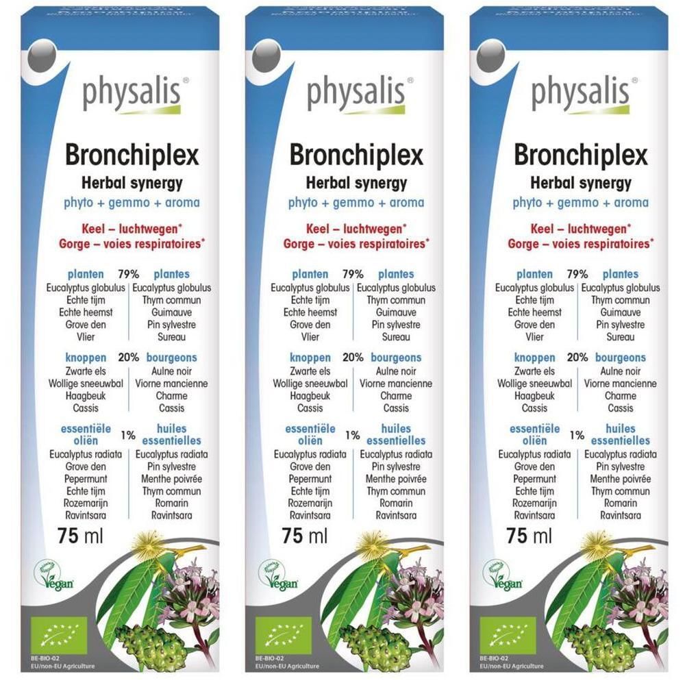 Trois flacons de Physalis Bronchiplex. Inscription: Herbal synergy, Keel-luchtwegen, 75 ml. Label Vegan.
