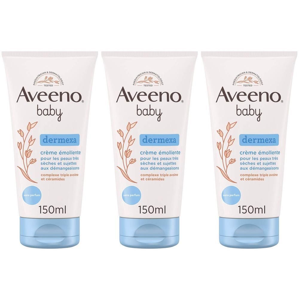 Trois tubes de crème Aveeno baby dermexa. 150ml. Tubes blancs, bouchons bleus.