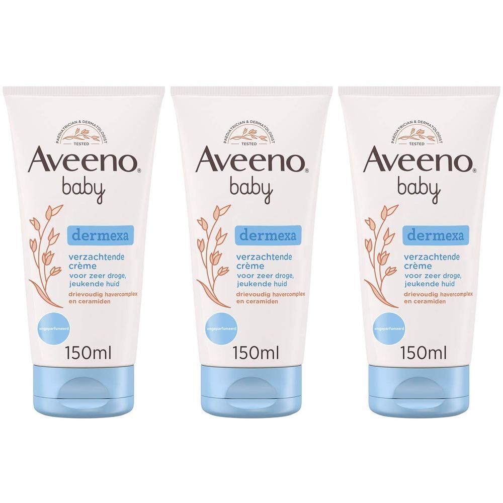 Drie tubes Aveeno baby dermexa crème. 150ml. Witte tubes, blauwe doppen.