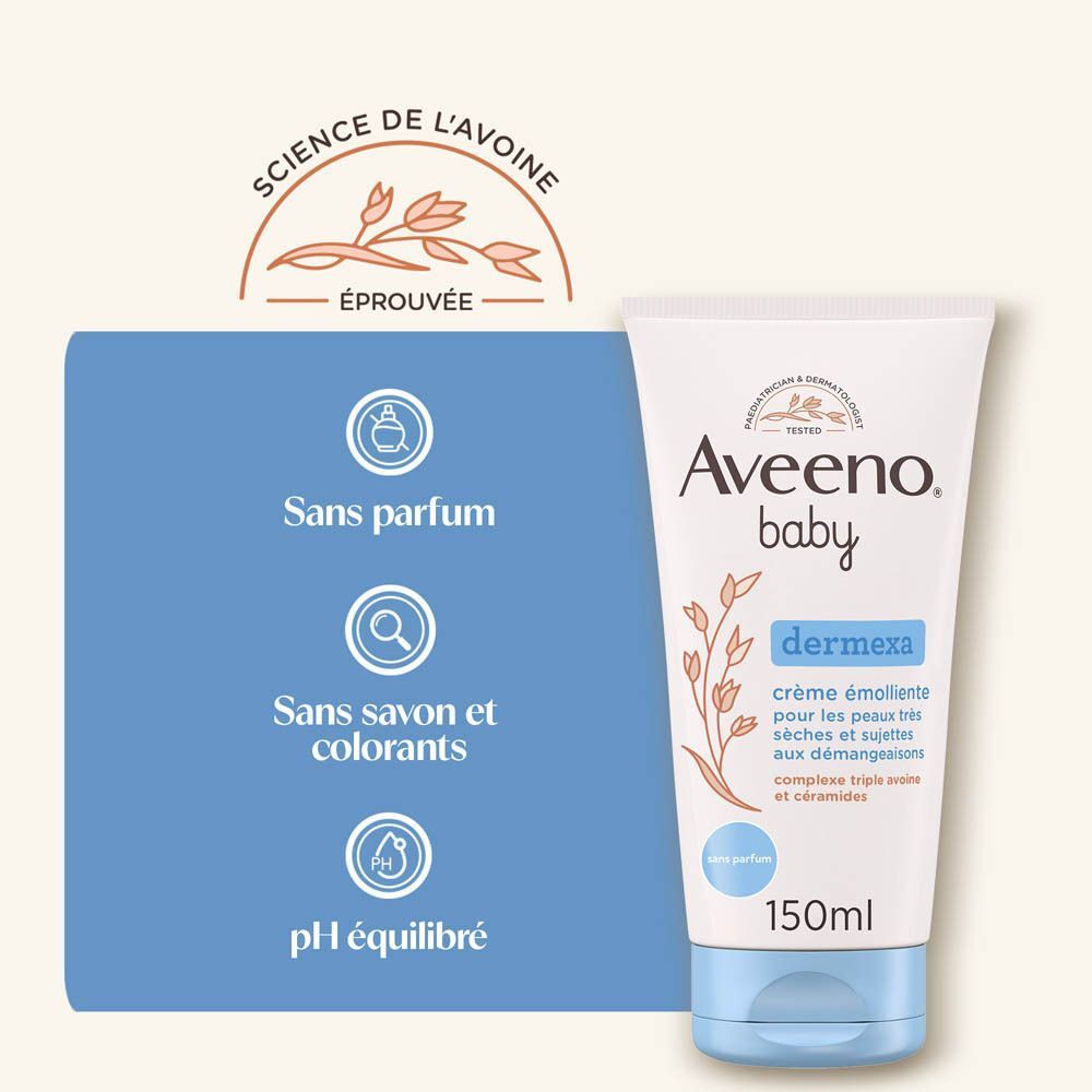Un tube de crème Aveeno baby dermexa. Texte: Sans parfum, sans savon et colorants, pH équilibré.