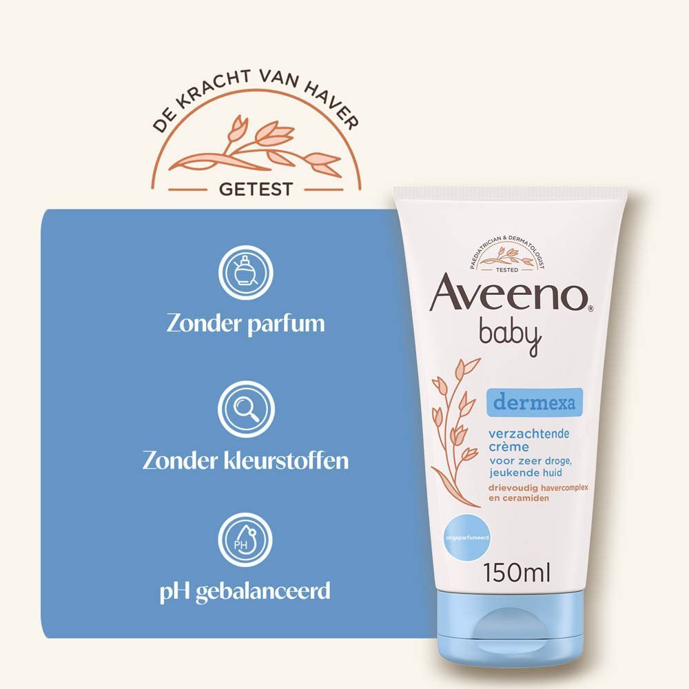 Een tube Aveeno baby dermexa crème. Tekst: Zonder parfum, zonder kleurstoffen, pH gebalanceerd.