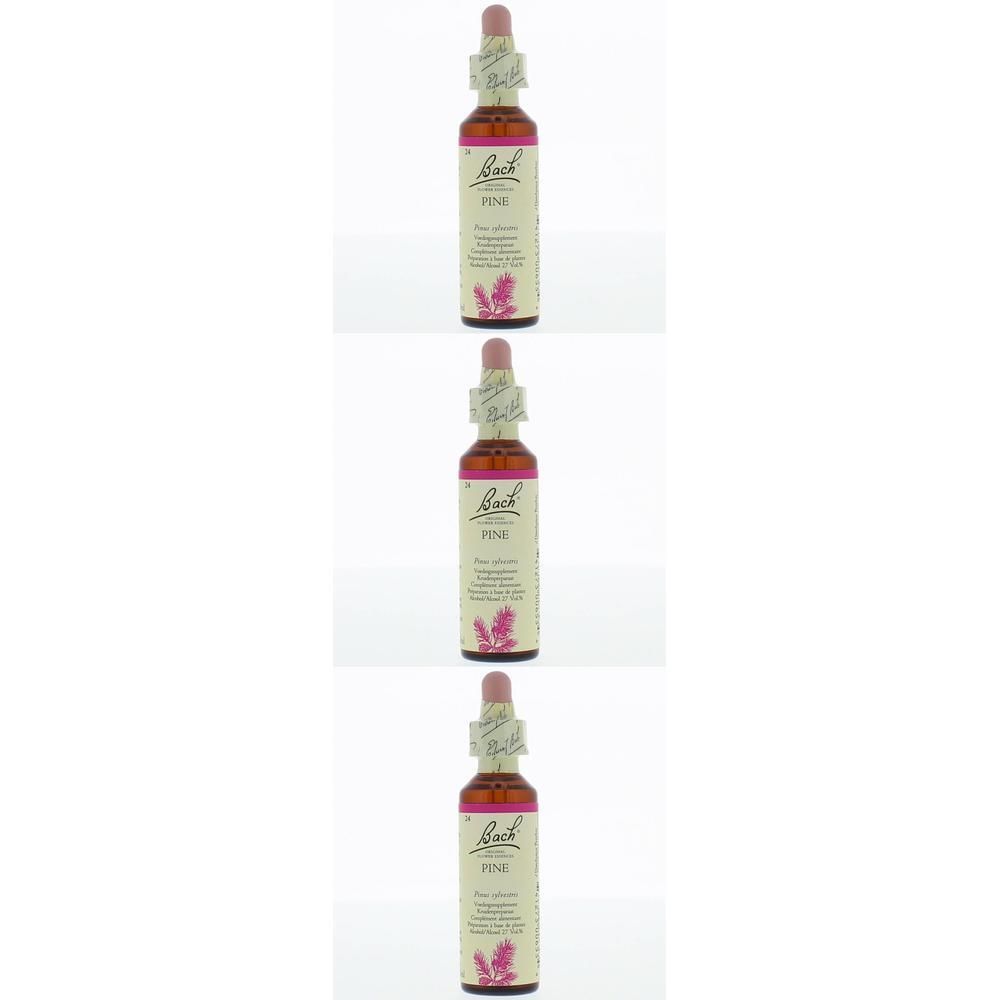 Drie flesjes Bach Bloesem Pine. Bruine glazen flesjes met etiket en pipet. Opschrift Pine en Bach.