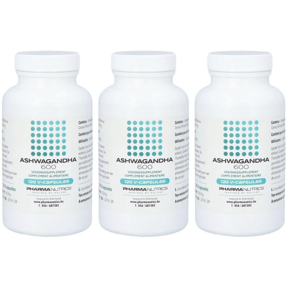 Trois flacons blancs avec l'inscription 'Ashwagandha 600'. Chaque flacon contient 120 V-capsules. Marque : Pharmanutrics.