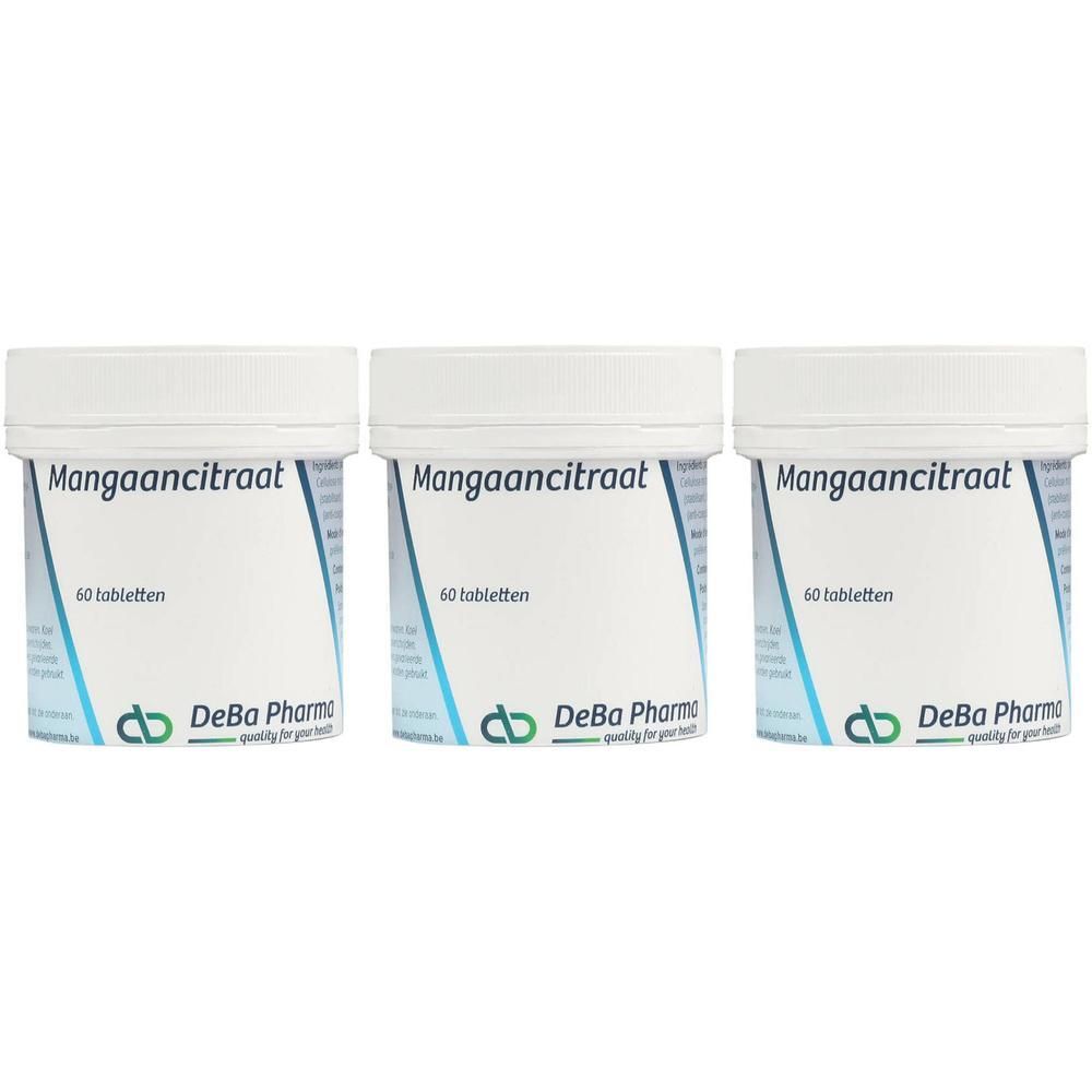 Drie witte potten met de tekst 'Mangaancitraat' en '60 tabletten'. Het logo van DeBa Pharma is zichtbaar.