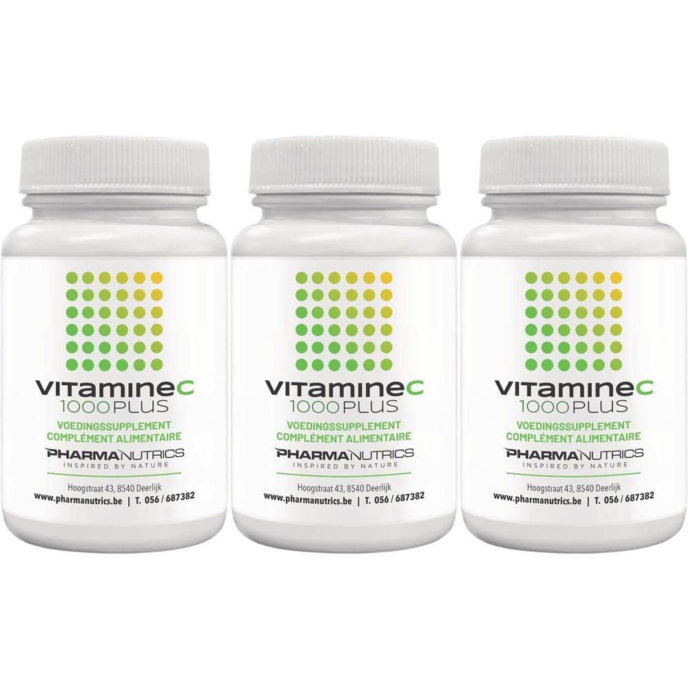 Trois flacons blancs avec bouchons à vis. Chaque flacon porte l'inscription "VITAMINE C 1000 PLUS" et "PHARMANUTRICS".