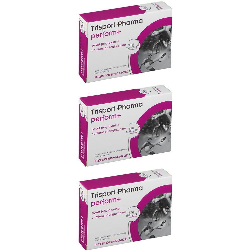 Trois boîtes Trisport Pharma perform+. Blanc avec des accents roses. Texte : perform+, Trisport Pharma, PERFORMANCE, TRI SPORT.