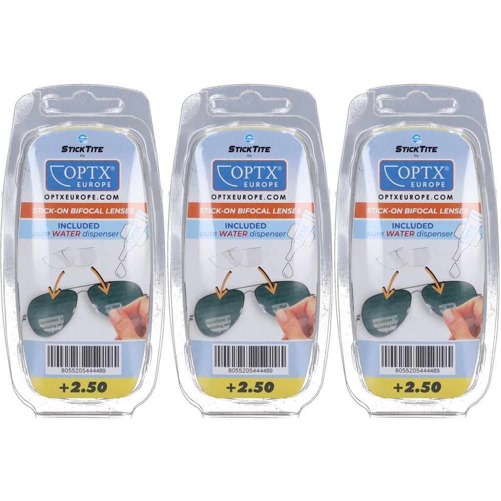Trois paquets de lentilles bifocales StickTite Optx Europe. Chaque paquet contient des lentilles et un distributeur d'eau. +2,50 est indiqué.