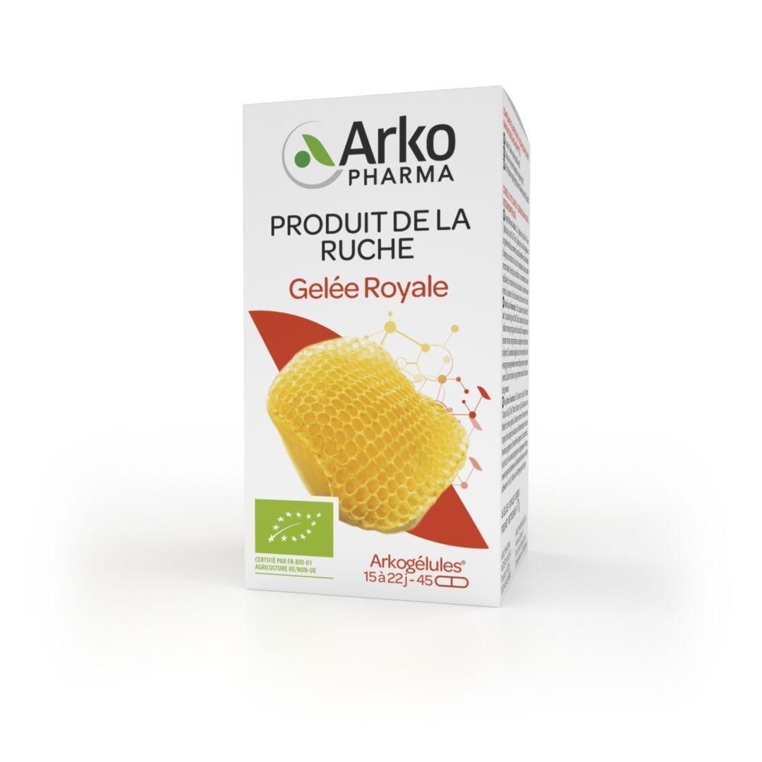 Boîte Arkocaps Gelée Royale Bio. Inscription: Arko Pharma, Produit de la Ruche, Gelée Royale, label bio, Arkogélules.