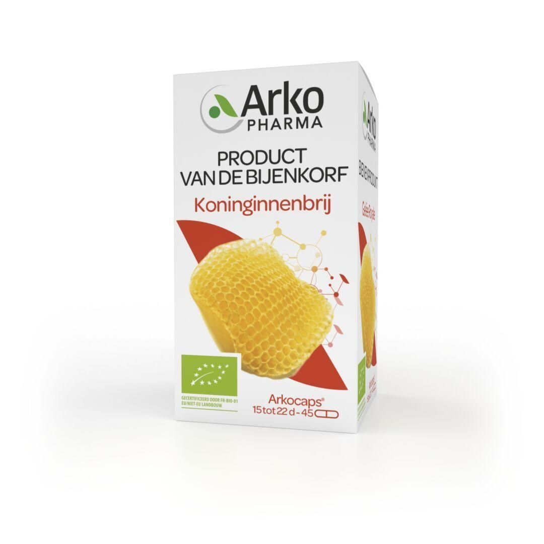 Doos Arkocaps Gelée Royale Bio. Opschrift: Arko Pharma, Produit de la Ruche, Gelée Royale, bio-label, Arkogélules.