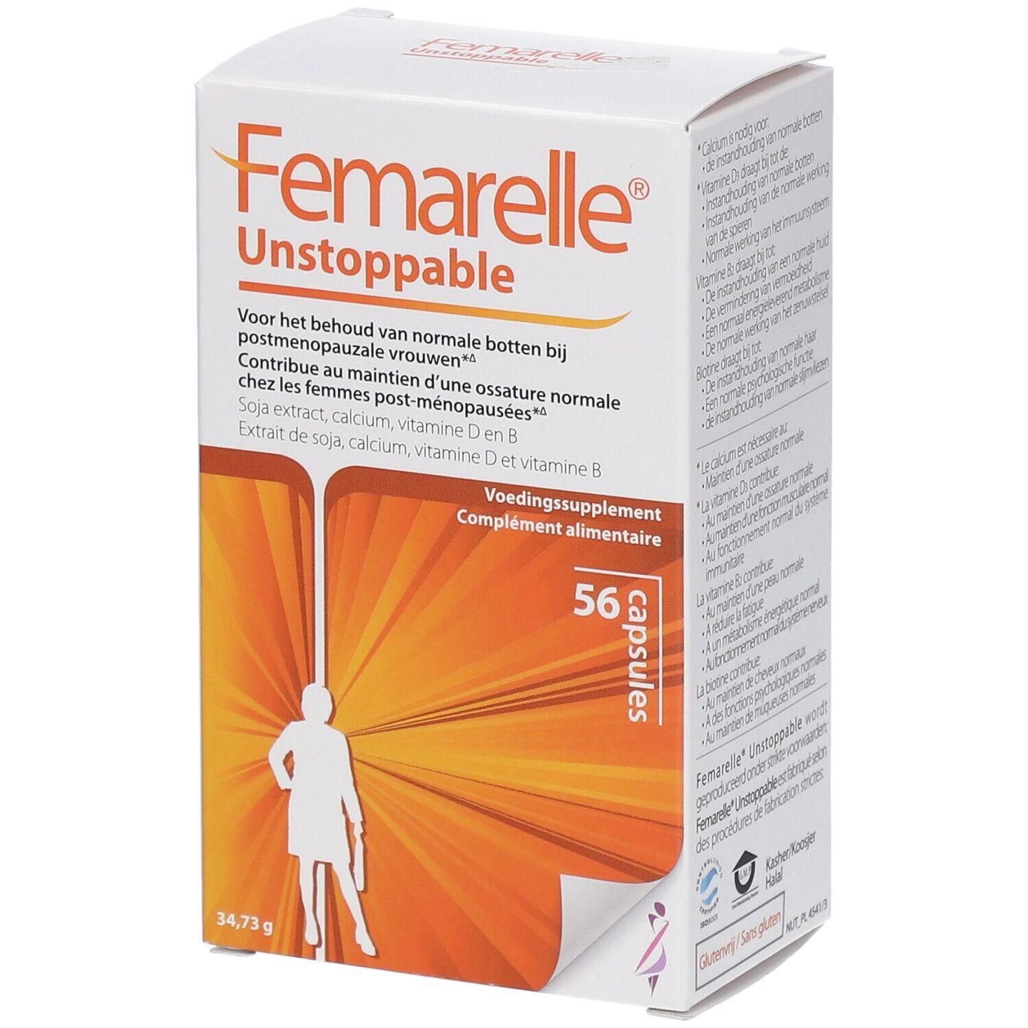 Witte doos met Femarelle Unstoppable. Bevat 56 capsules. Opschriften in het Duits, Frans en Nederlands.