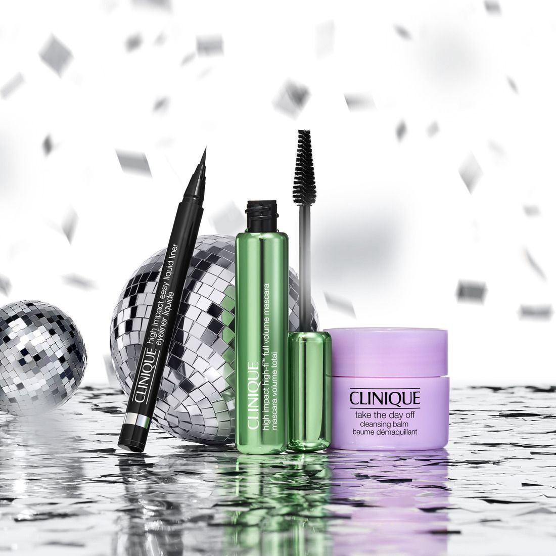 Set Clinique High-Fi Volume Lashes : mascara, eye-liner et baume nettoyant avec boules disco.