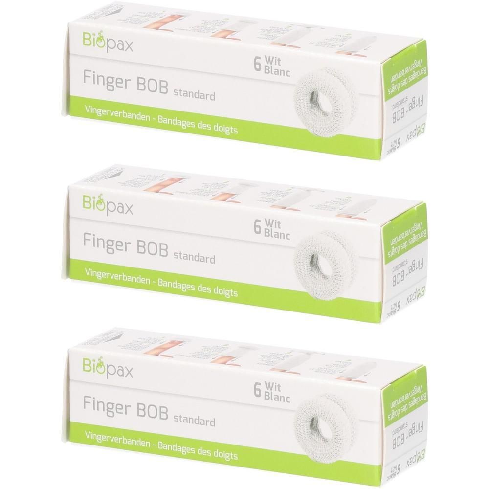 Trois boîtes de pansements pour doigts. Inscription: Finger BOB standard, 6 pièces, blanc. Marque: Biopax.