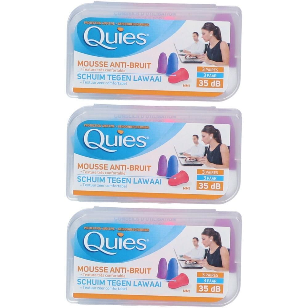 Drie verpakkingen oordopjes. Elke verpakking bevat drie paar. Opschrift: Quies, Mousse Anti-Bruit, 35 dB.