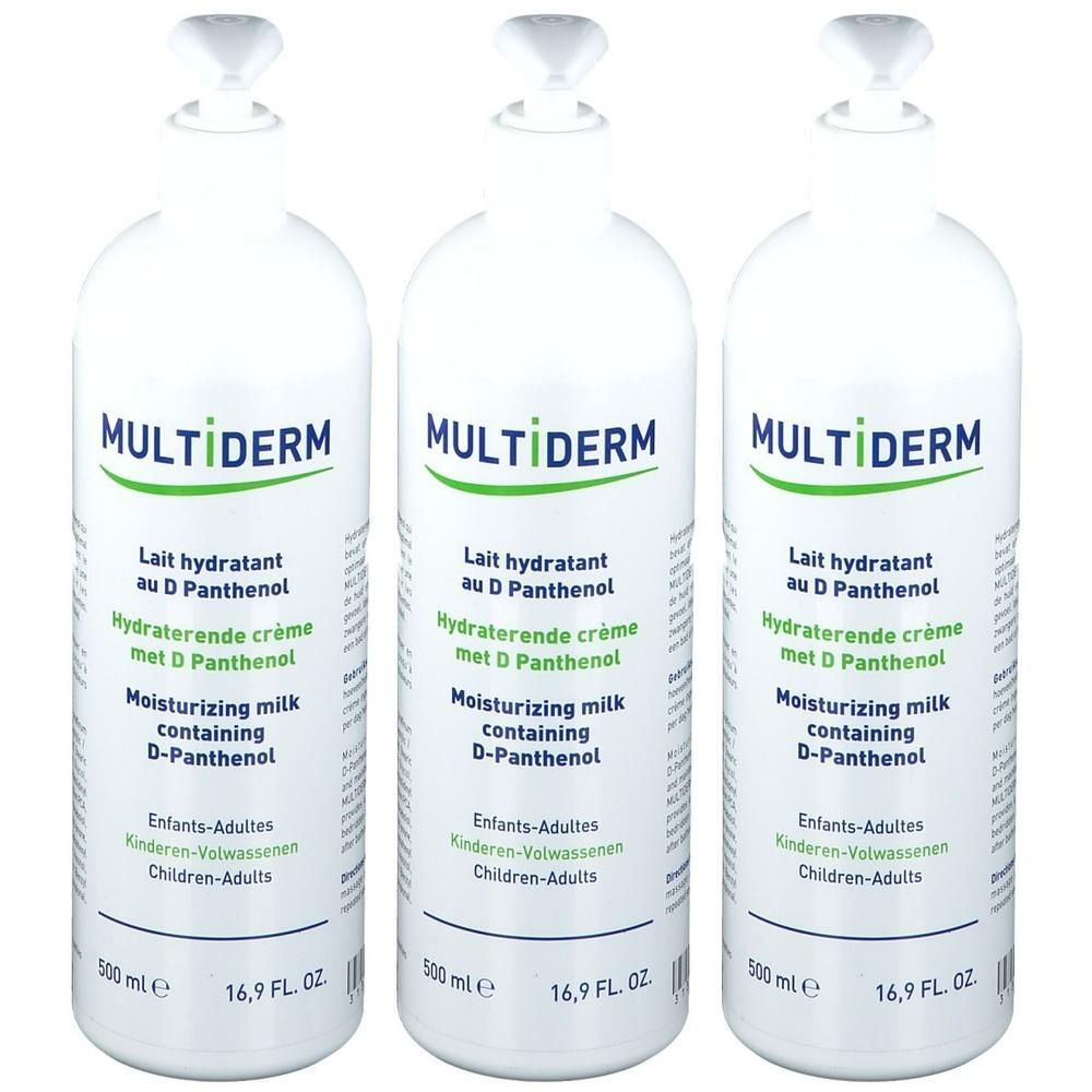 Trois flacons blancs de MULTIDERM. Inscription : Lait hydratant au D Panthenol. Contient 500 ml.