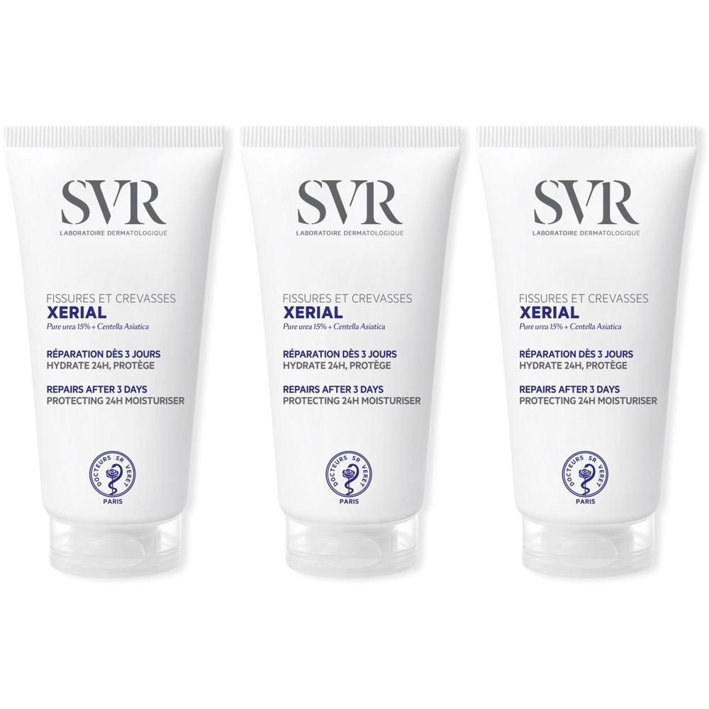 Drie witte tubes SVR XERIAL. Opschrift: Fissures et Crevasses, Hydrate 24H, Protège. SVR logo en zegel.